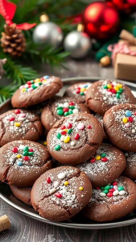 A platter of chocolate cookies with sprinkles and powdered sugar, surrounded by Christmas decorations.